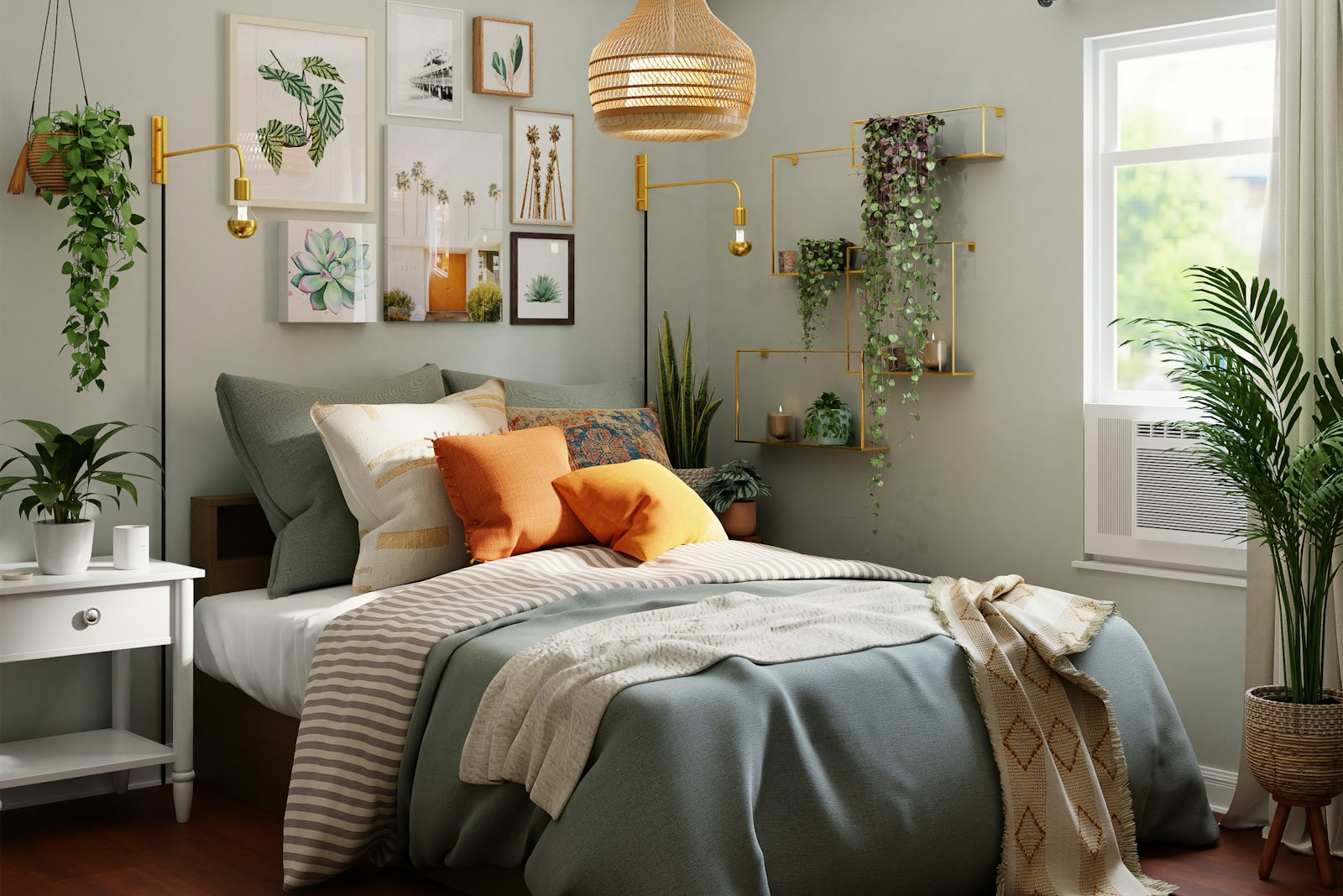 Bedroom with a gallery wall and hanging plants