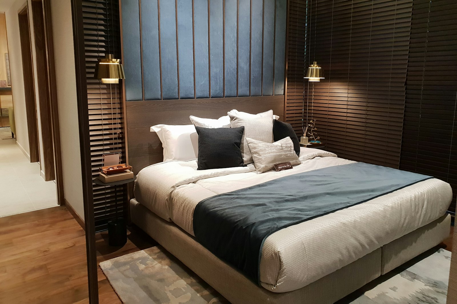 Bedroom with dark wood panelling