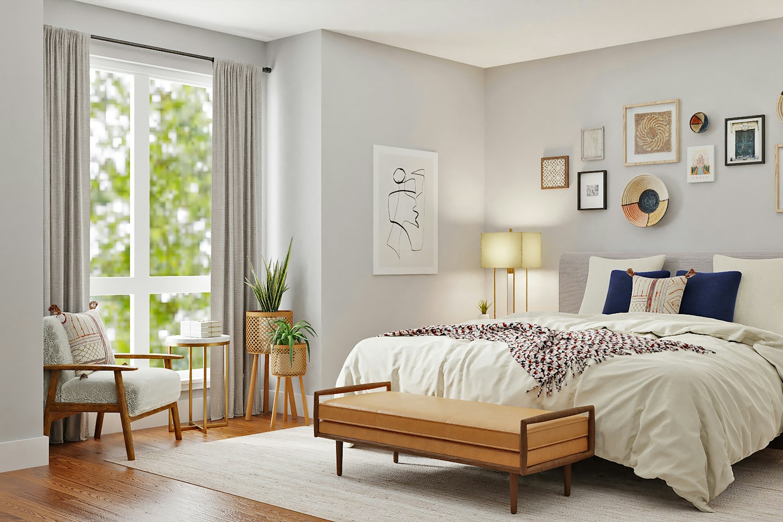Bedroom with a wooden bench at the foot of the bed