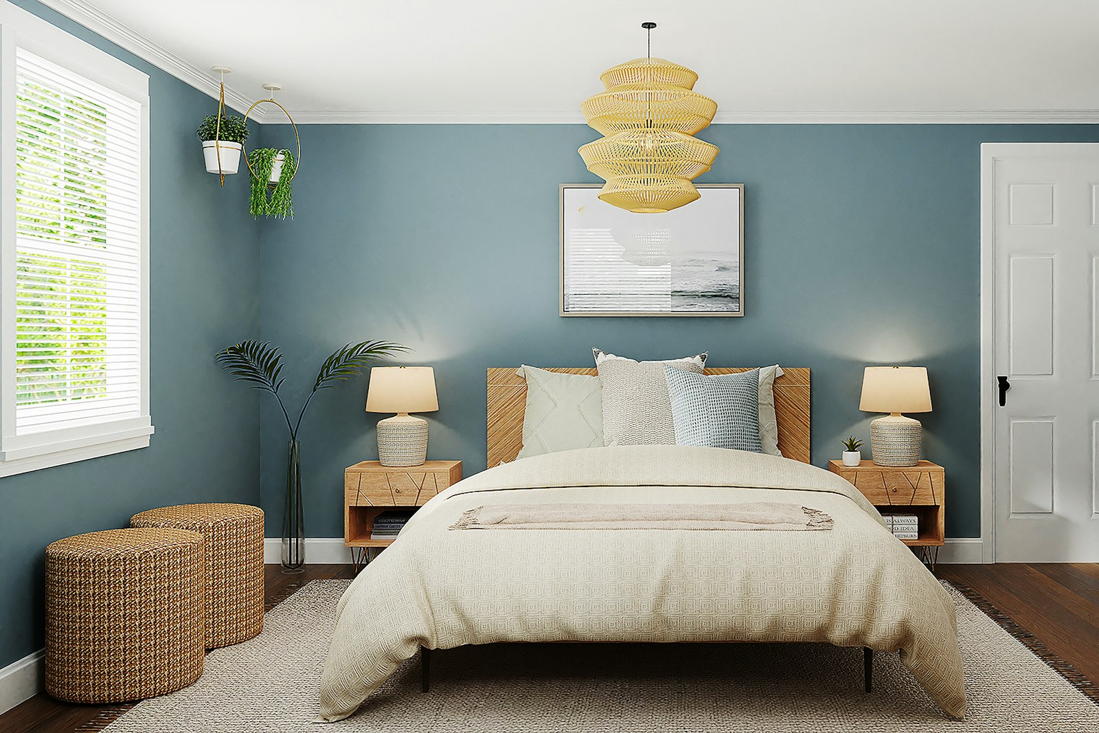 Bedroom with a blue feature wall