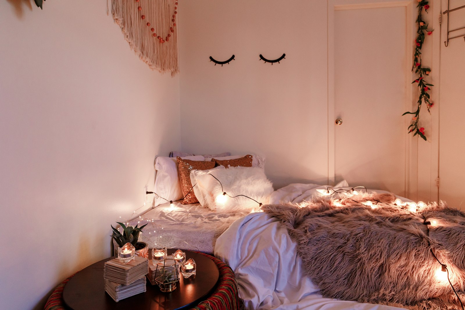 Student room lit with fairy lights