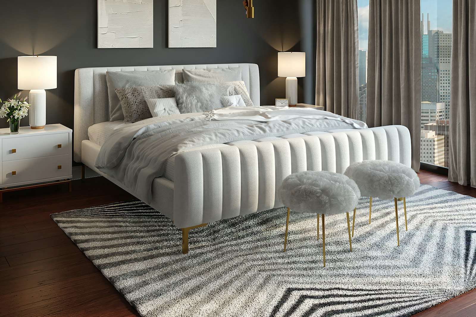 Grey bedroom with a double bed and side tables